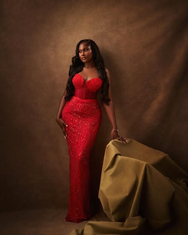 Satin Mermaid Gown with Beaded Corset Bodice Red main image 1