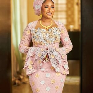 A line Peach Colored Mermaid Lace Dress Designed With A Fitted Bodice. (1)
