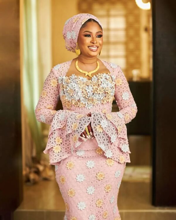 A line Peach Colored Mermaid Lace Dress Designed With A Fitted Bodice. (1)