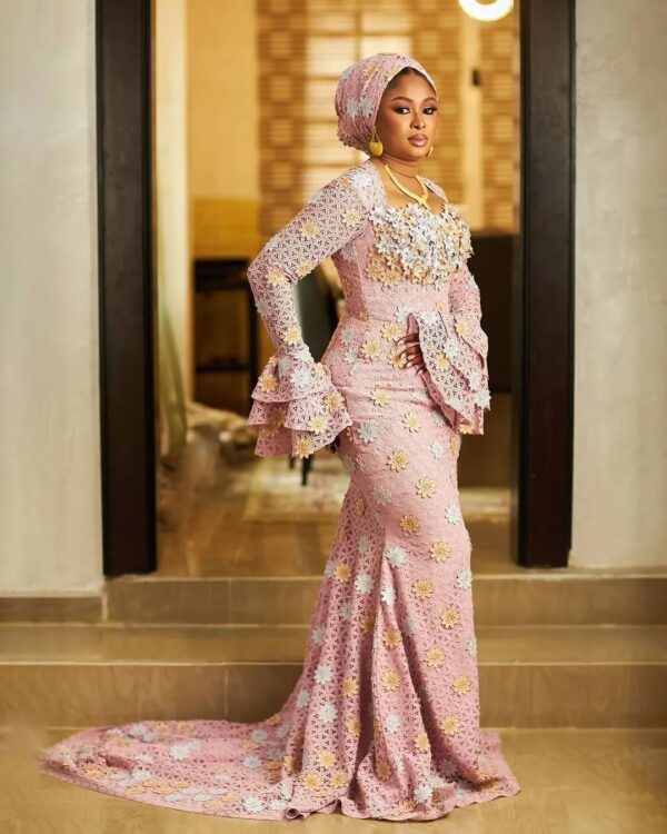 A line Peach Colored Mermaid Lace Dress Designed With A Fitted Bodice. (3)