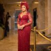 African Corset Gown Red Lace Features Sweetheart Neckline With Draping And Pencil Sleeves. (1)