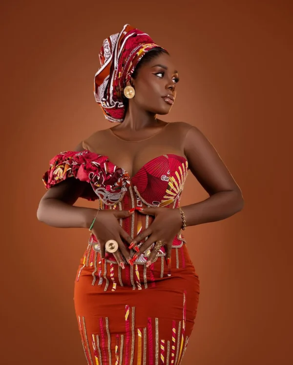 Long Corset Flair Gown With Illusion Net And 3D Appliques. African Dresses Modern. (3)