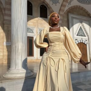 Ravishing Milky Long A Line Dress With A Square Neckline Ruched Pattern. (1)