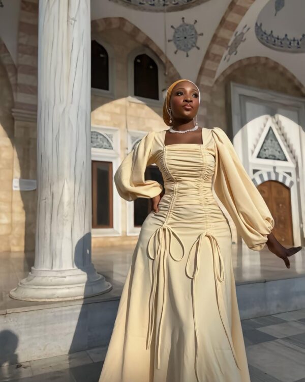 Ravishing Milky Long A Line Dress With A Square Neckline Ruched Pattern. (1)