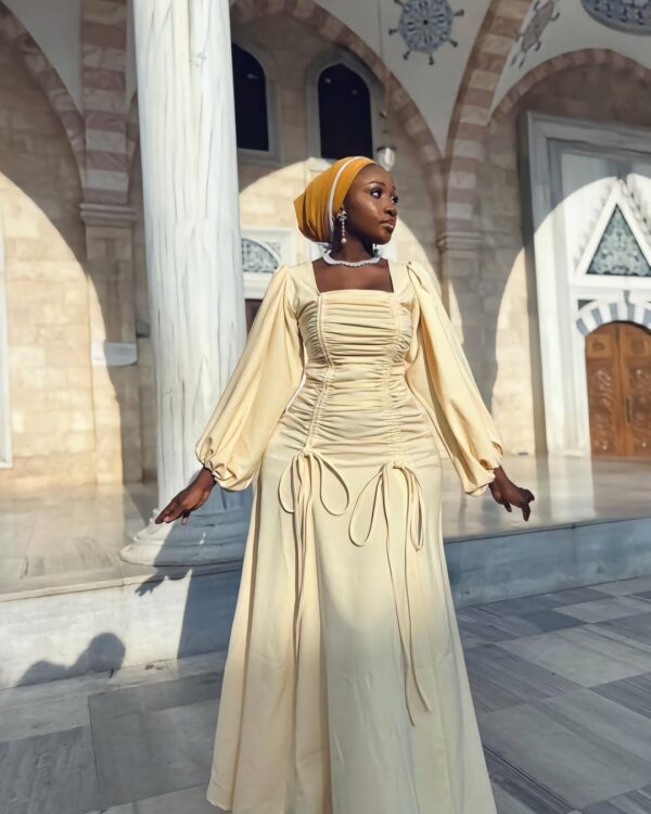 Ravishing Milky Long A Line Dress With A Square Neckline Ruched Pattern. (3)