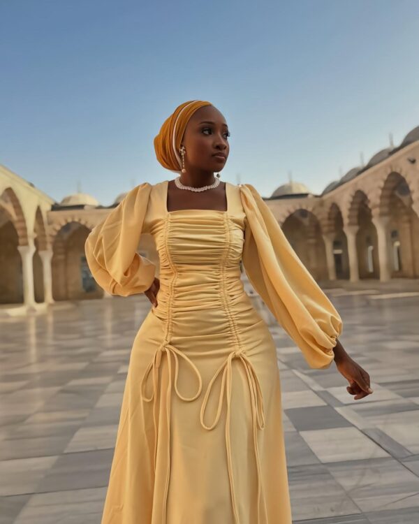 Ravishing Milky Long A Line Dress With A Square Neckline Ruched Pattern. (3)