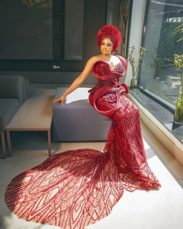 Red Lace Corset Top Designed With Off Shoulder Neckline With Longtail Mermaid Skirt (1)