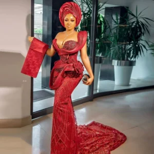 Red Lace Corset Top Designed With Off Shoulder Neckline With Longtail Mermaid Skirt (2)