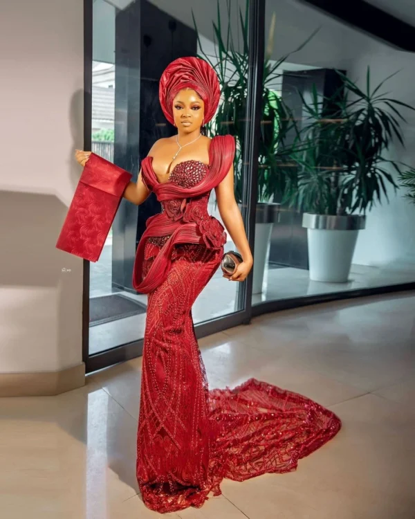 Red Lace Corset Top Designed With Off Shoulder Neckline With Longtail Mermaid Skirt (2)