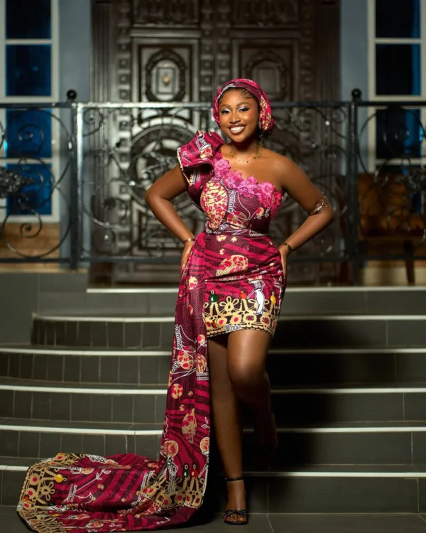 Short Pencil Ankara Dress With Asymmetric Neckline, Flounce Sleeves And Neckline Appliques (1)