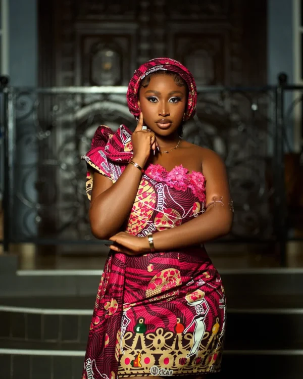 Short Pencil Ankara Dress With Asymmetric Neckline, Flounce Sleeves And Neckline Appliques (3)