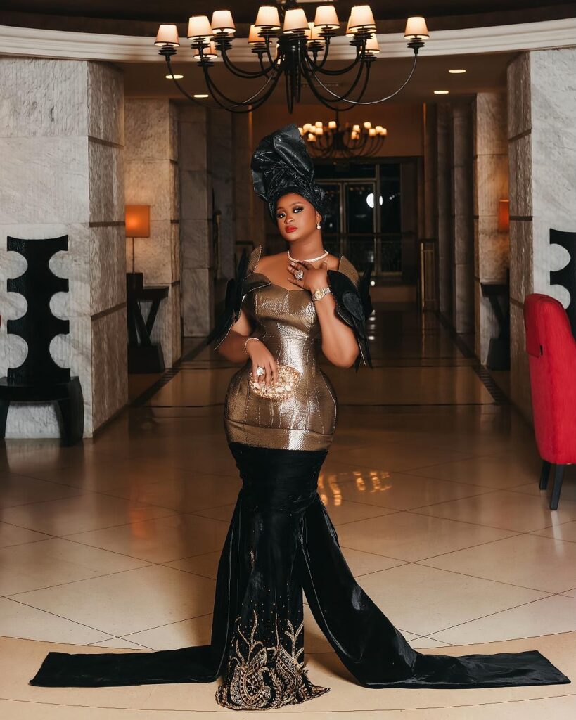 Silver And Black Long Gown African Wedding Guest Outfit