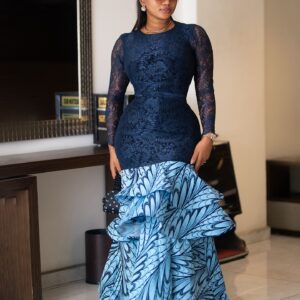 Stylish Navy Blue Sample Lace A Basic Body Gown Styled With Three Step 360 Flare. African Fashion
