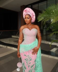 Pink and light green lace asoebi wedding styles for USA wedding -1