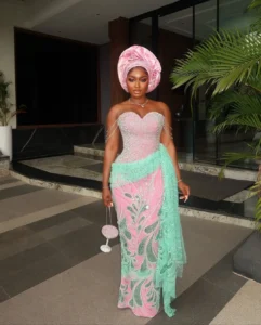 Pink and light green lace asoebi wedding styles for USA wedding