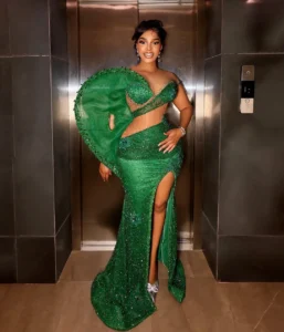 Structured sleeve lace Emerald long gown African wedding guest dress for US wedding guest